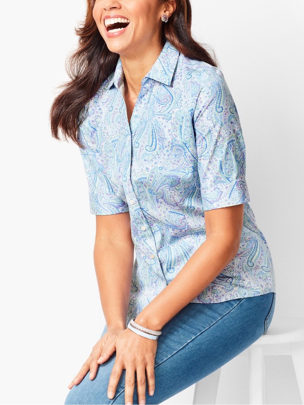 Talbots NON-Iron Elbow Sleeve Paisley Print Button-Down Shirt; NWT, Sz. 2